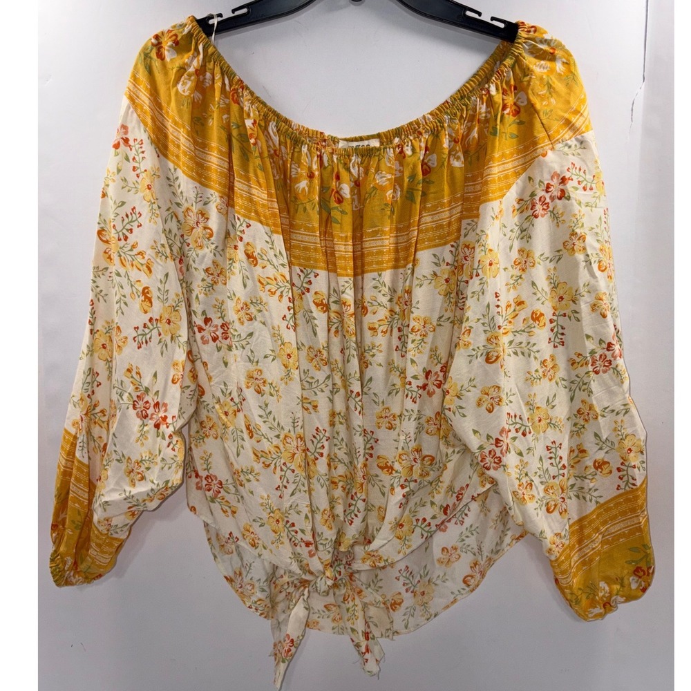 Imgee Womens Yellow Floral Off The Shoulder Tie Front Boho Blouse Small TL50341